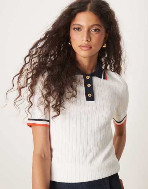 GANT ribbed contrast tipped polo top in cream - view 1