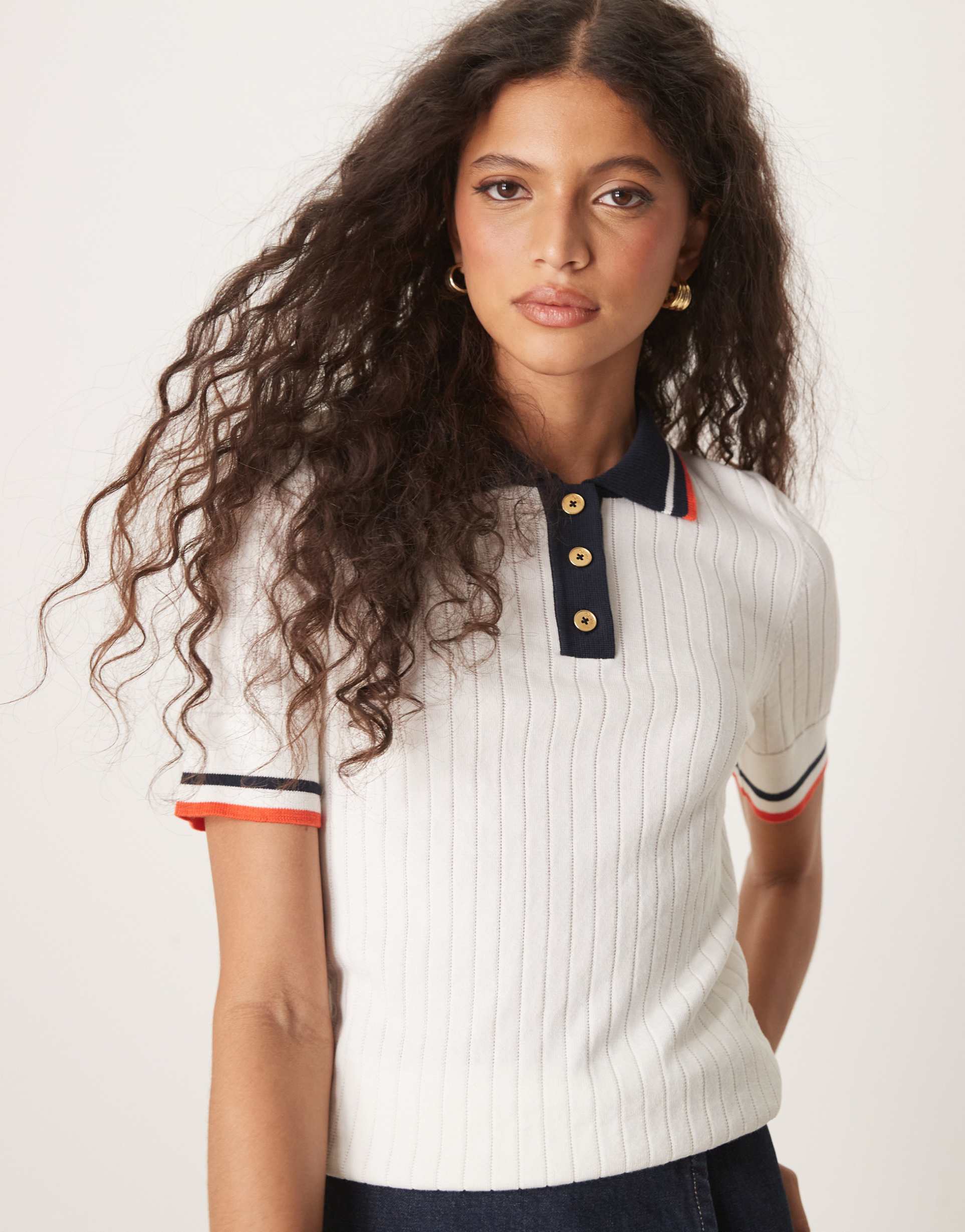gant ribbed contrast tipped polo top in cream