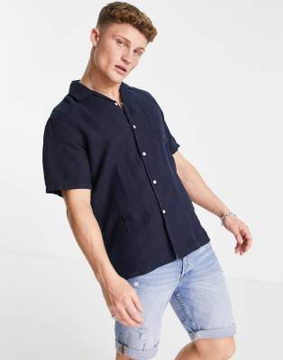 GANT riviera linen regular fit short sleeve shirt in marine navy - ASOS Price Checker
