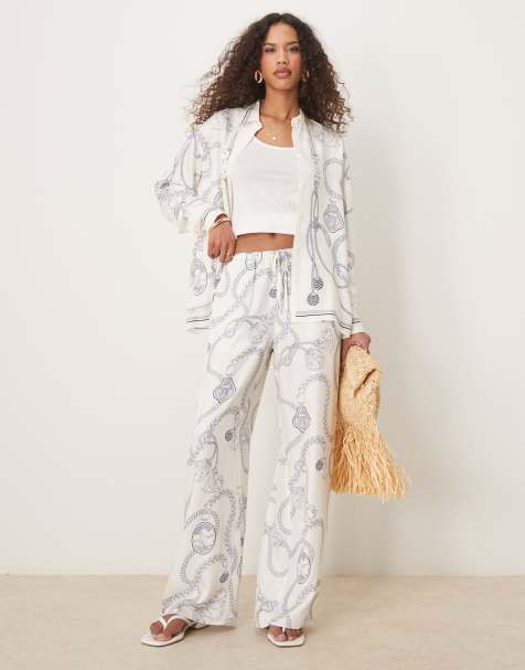 GANT drawstring wide leg chain print trousers co-ord in off white