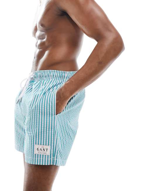GANT seersucker swim shorts in green stripe with logo