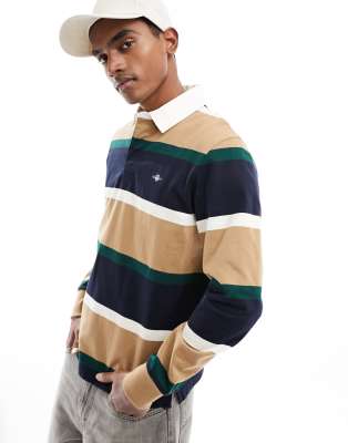 GANT shield logo block stripe heavy rugby polo in khaki beige - ASOS Price Checker