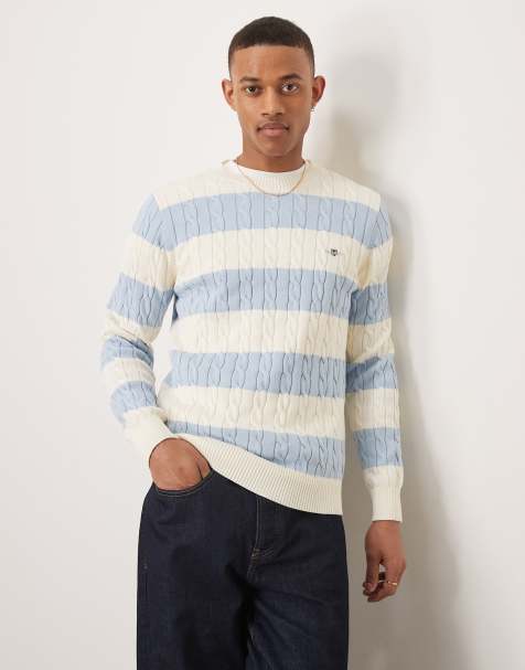 GANT shield logo block striped cotton cable knit sweater in light blue - view 1