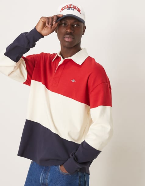 GANT shield logo colourblock relaxed fit heavy rugby polo in red/white/navy - view 1