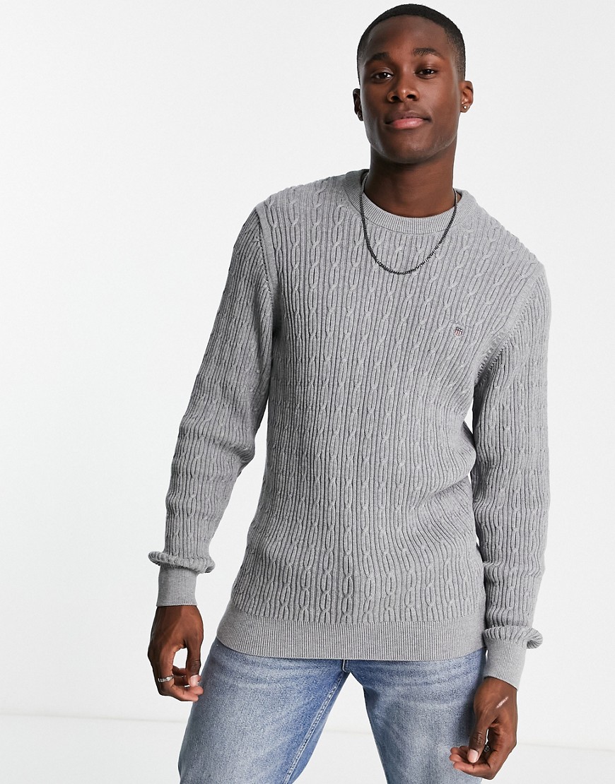 GANT shield logo cotton cable knit sweater in gray heather-Grey
