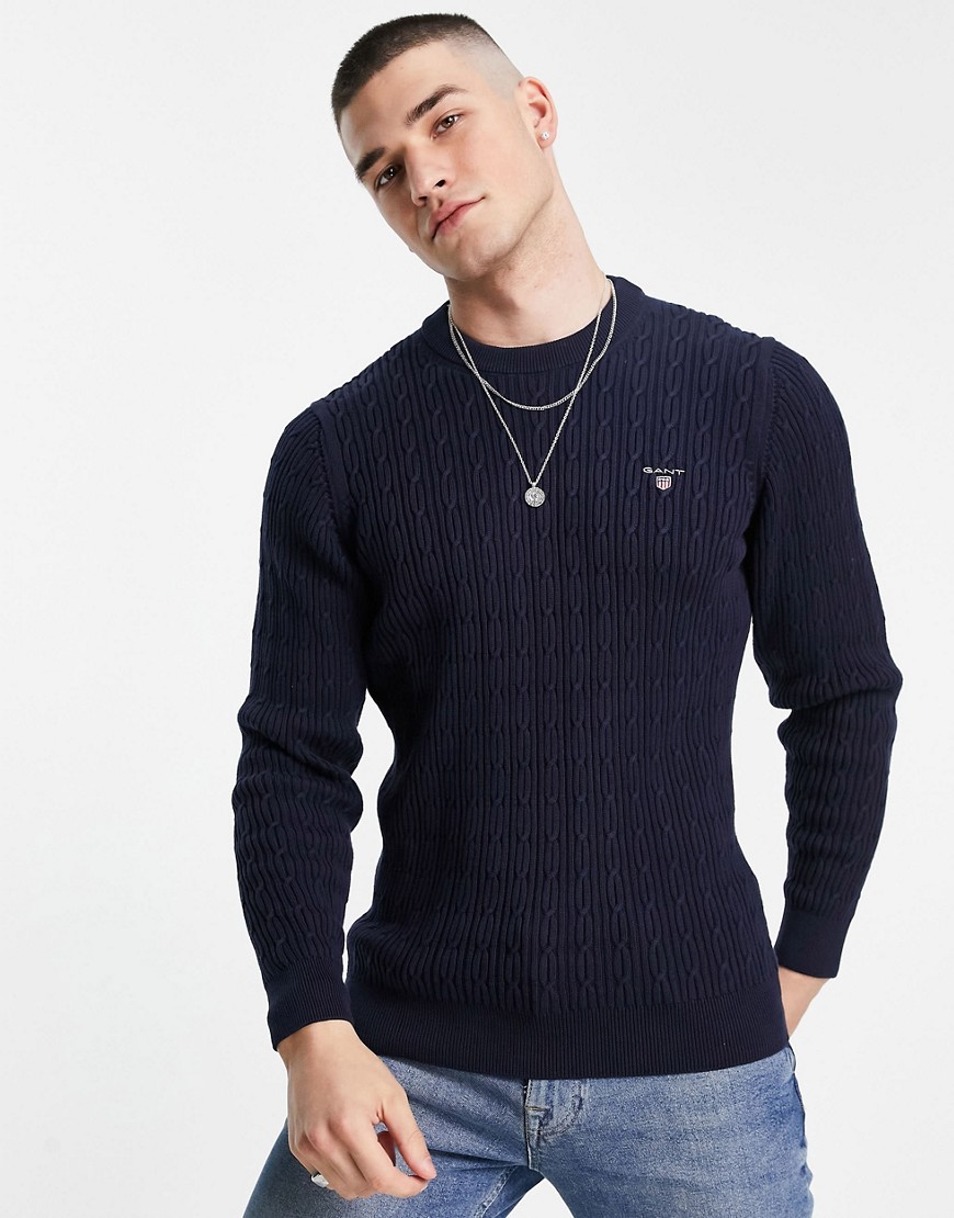 GANT shield logo cotton cable knit sweater in navy