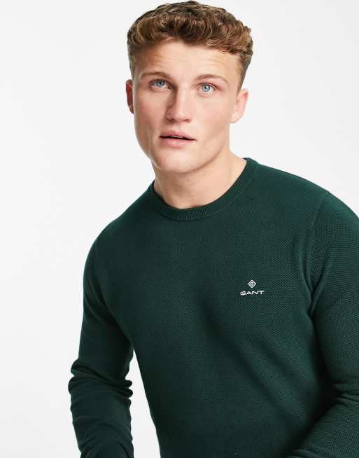 GANT shield logo cotton pique knit jumper in tartan green