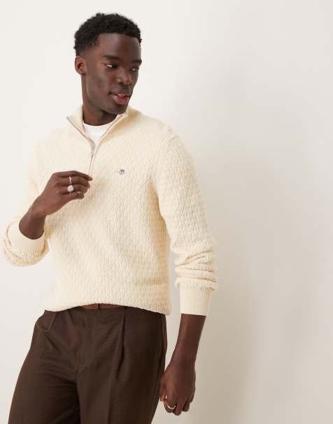 GANT shield logo cotton textured half zip knit jumper in cream - view 1