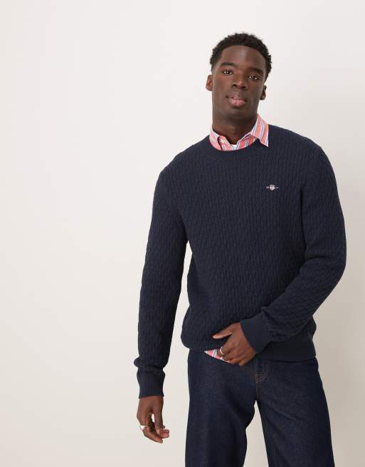 GANT shield logo cotton textured knit sweater in navy