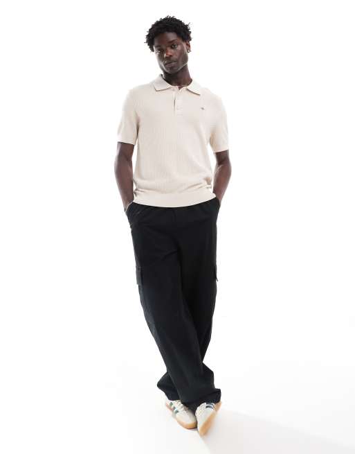 GANT shield logo embroid structured cotton knit polo in beige, 4 of 4