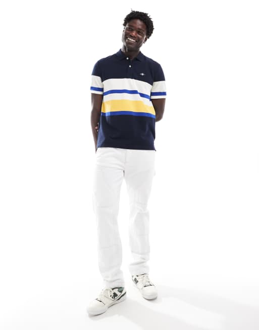 GANT shield logo embroidery multistripe washed polo in navy
