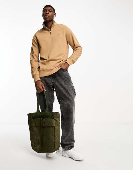 GANT shield logo half zip sweatshirt in khaki tan ASOS