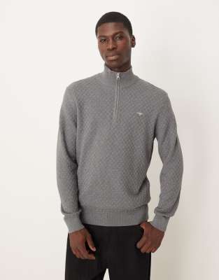 Gant Shield Logo Half Zip Textured Knit Sweater In Gray
