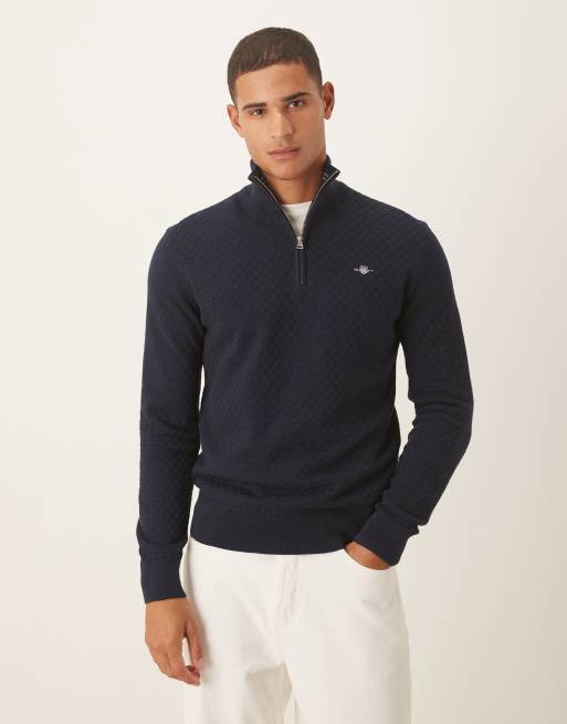 GANT shield logo half zip textured knit sweater in navy
