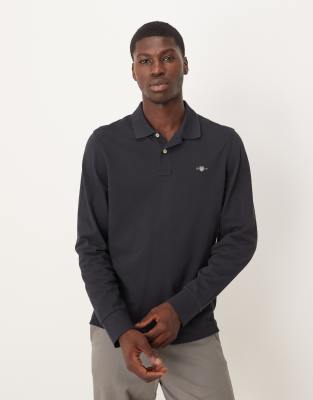 Gant Shield Logo Long Sleeve Pique Polo In Black