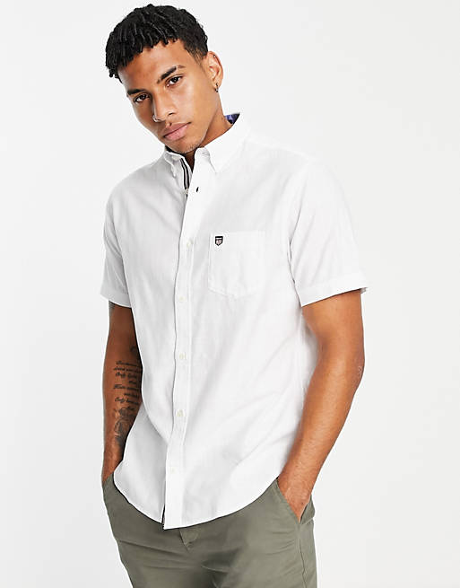 Men GANT shield logo short sleeve cotton twill shirt regular fit in white 