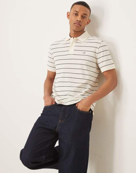 GANT shield logo stripe pique polo in cream - view 1