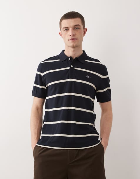 GANT shield logo striped pique polo in yellow and navy