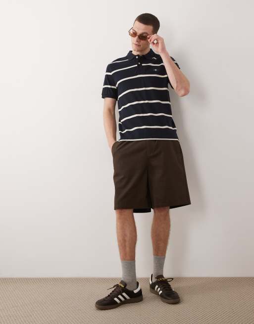 GANT shield logo striped pique polo in yellow and navy, 2 of 5