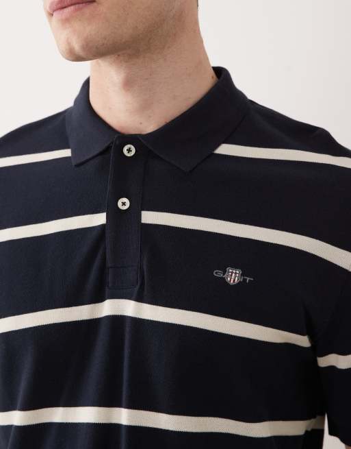 GANT shield logo striped pique polo in yellow and navy, 5 of 5