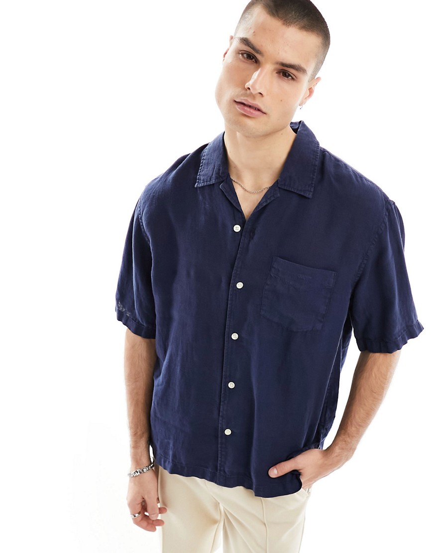 GANT short sleeve garment dyed linen revere collar shirt relaxed fit in navy