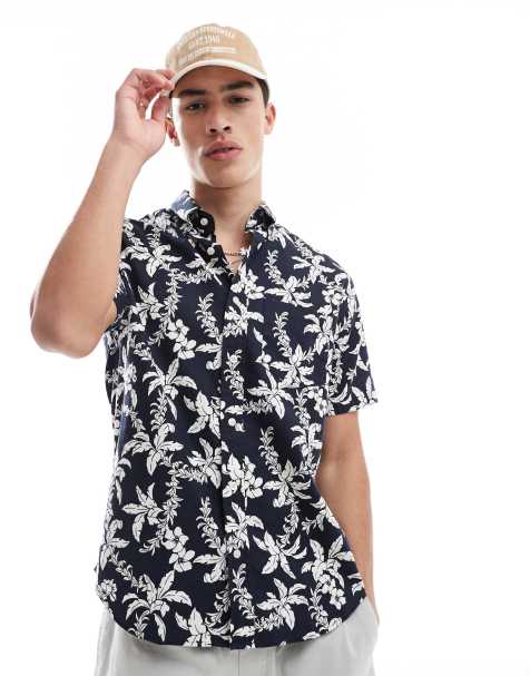 GANT short sleeve palm print cotton linen shirt in navy - view 1