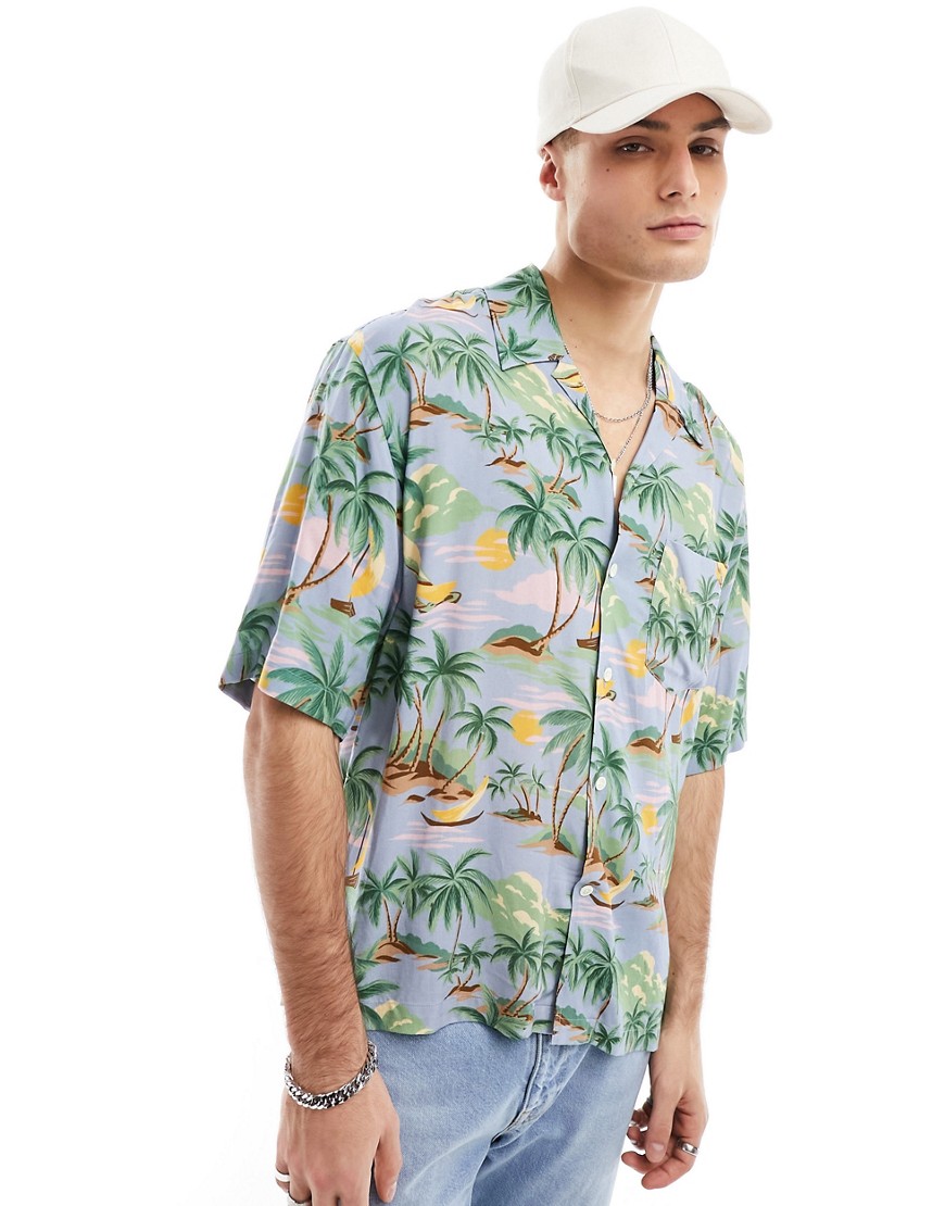 GANT short sleeve palm print cotton linen shirt in navy