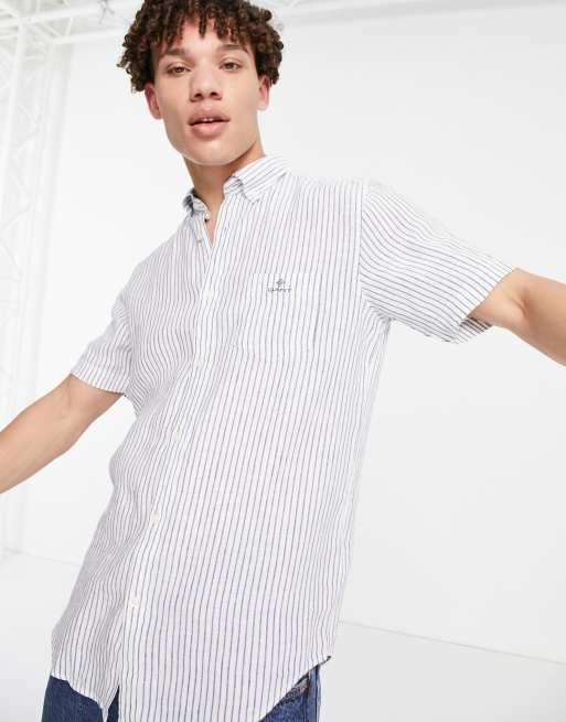 Gant short-sleeved stripe linen regular fit shirt in white