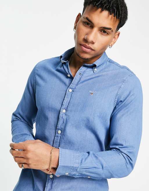 Gant - Slim-fit indigo denim overhemd met iconisch logo in half lichtblauw