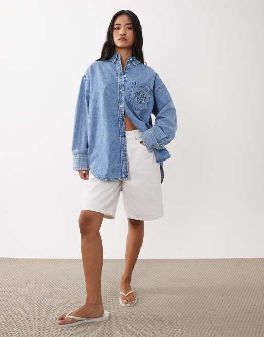 GANT small logo oversized shirt in washed blue denim look, 3 of 4
