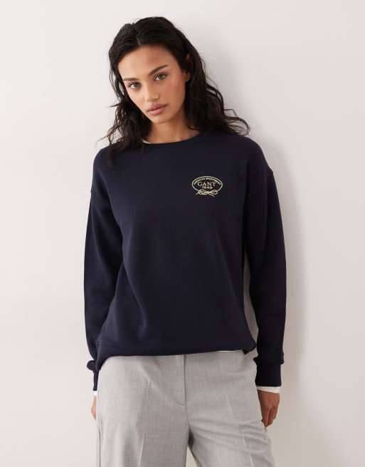 GANT small vintage logo crew neck sweatshirt in dark navy