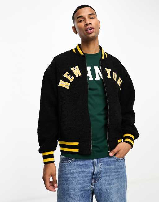 GANT - Sort bomber-jakke med 'New York'-print i college-stil i imiteret lammeskind