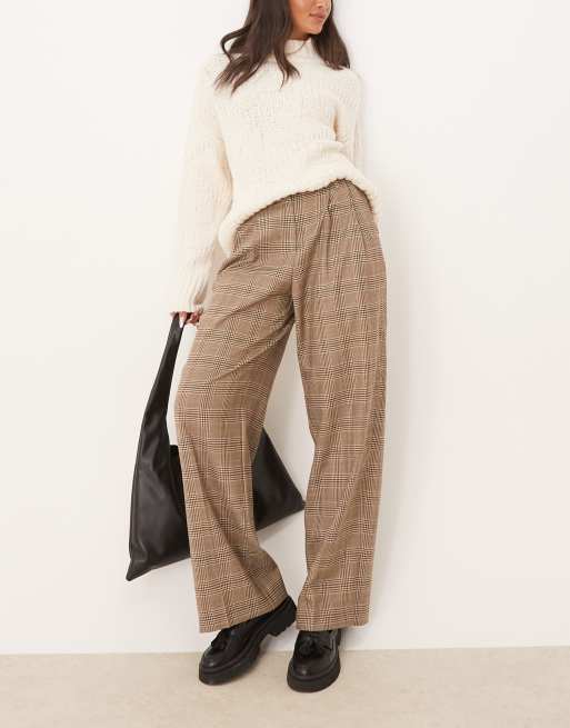 GANT – Spodnie z zakładkami z mieszanki wełny w ciemnobrązową kratkę