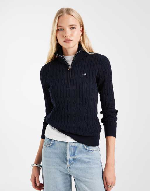 GANT stretch cotton cable knit half zip in dark blue, 2 of 4