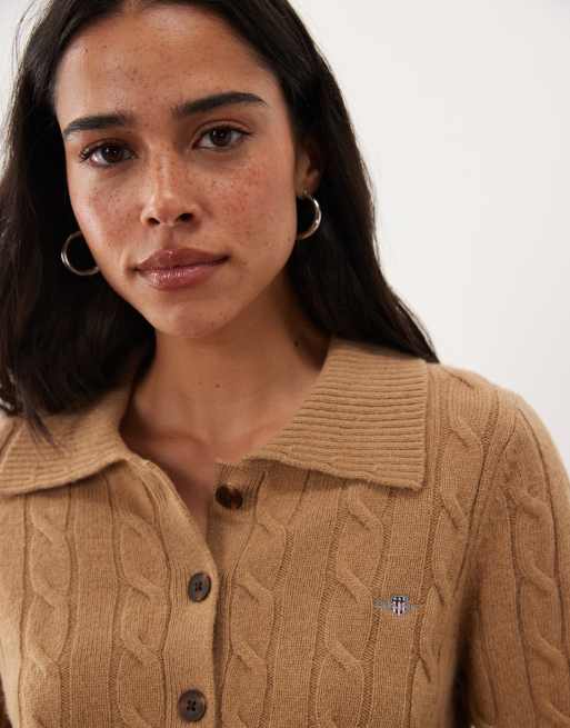 GANT stretch cotton cable knit half zip in warm khaki, 4 of 4
