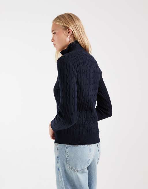 GANT stretch cotton cable knit half zip jumper in dark blue, 4 of 4