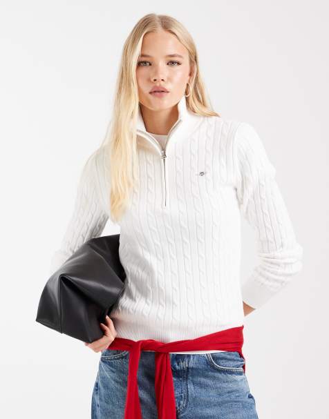 GANT stretch cotton cable knit half zip jumper in off white - view 1