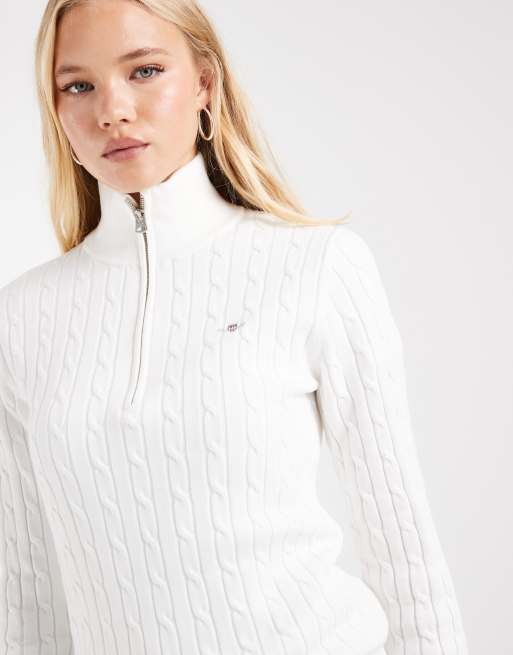 GANT stretch cotton cable knit half zip jumper in off white, 3 of 4