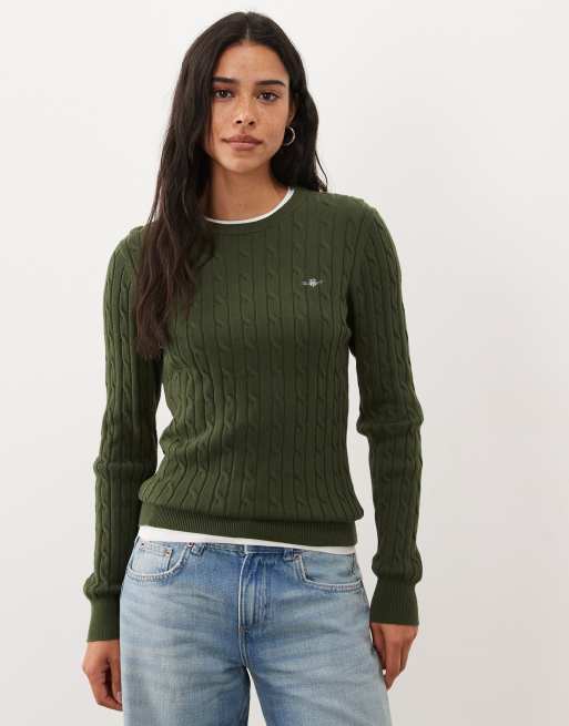 GANT stretch cotton cable knit jumper in moss green, 2 of 4