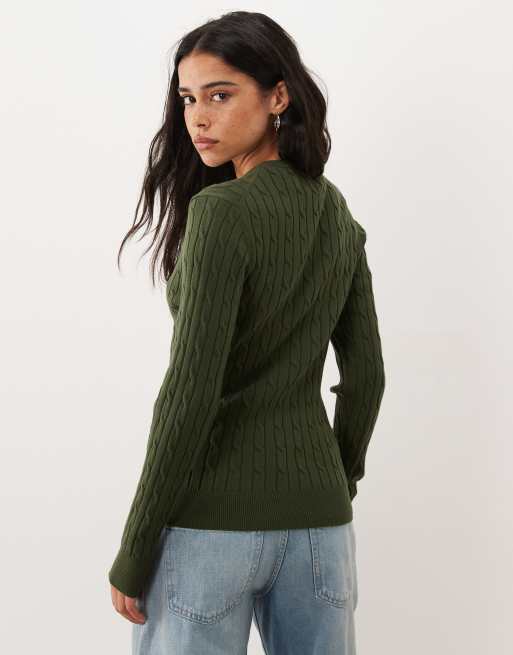 GANT stretch cotton cable knit jumper in moss green, 3 of 4
