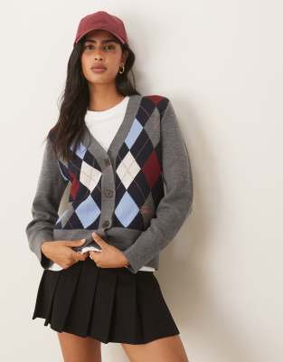 GANT - Strickjacke in Grau mit Rautenmuster