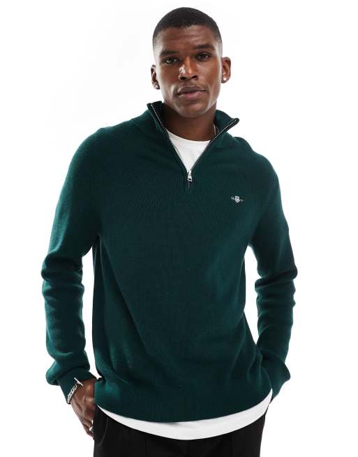 GANT – Strickpullover aus Baumwolle und Wolle in Dunkelgrün mit kurzem Reißverschluss und Logo