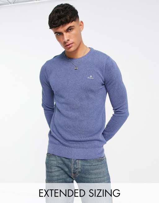 GANT – Strickpullover aus Baumwollpiqué in Mittelblau meliert mit Logo