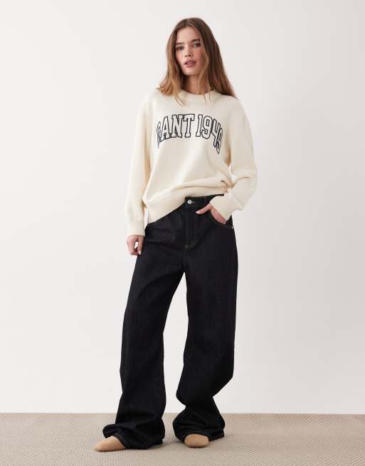 GANT – Strickpullover aus Lammwolle in Cremeweiß mit Zopfmuster und Logo auf der Brust, 3 von 4