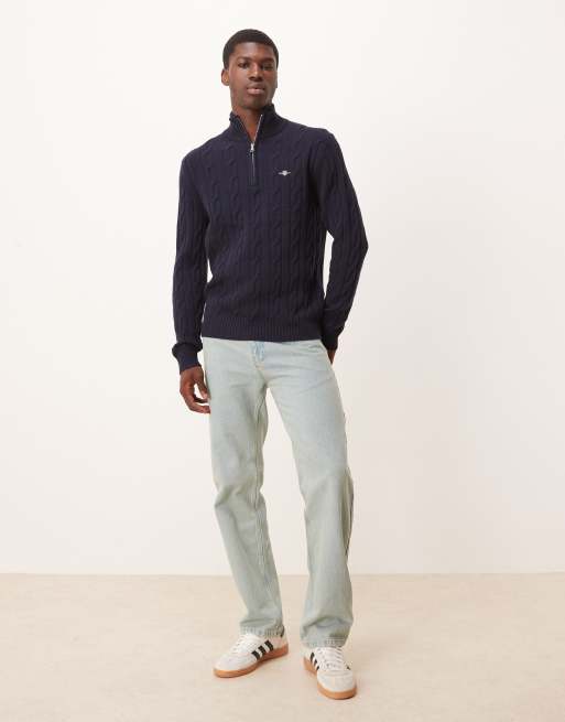 GANT – Strickpullover aus Lammwolle in Marineblau mit Zopfmuster und kurzem Reißverschluss, 2 von 5
