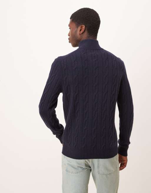 GANT – Strickpullover aus Lammwolle in Marineblau mit Zopfmuster und kurzem Reißverschluss, 3 von 5