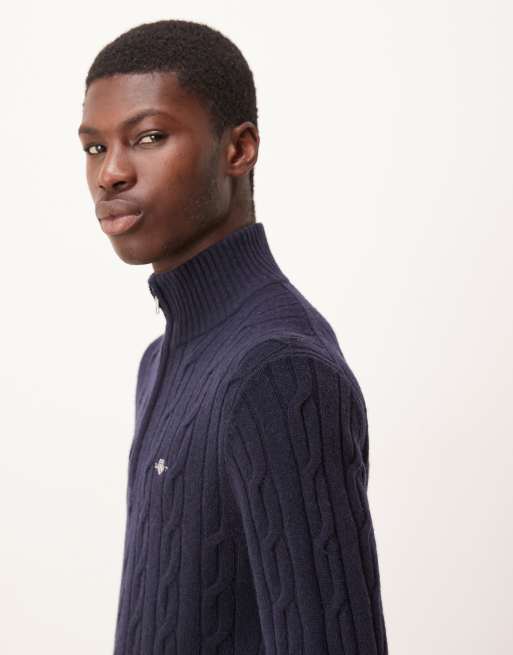 GANT – Strickpullover aus Lammwolle in Marineblau mit Zopfmuster und kurzem Reißverschluss, 4 von 5