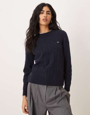 GANT - Strickpullover aus Lammwolle in Marineblau mit Zopfmuster