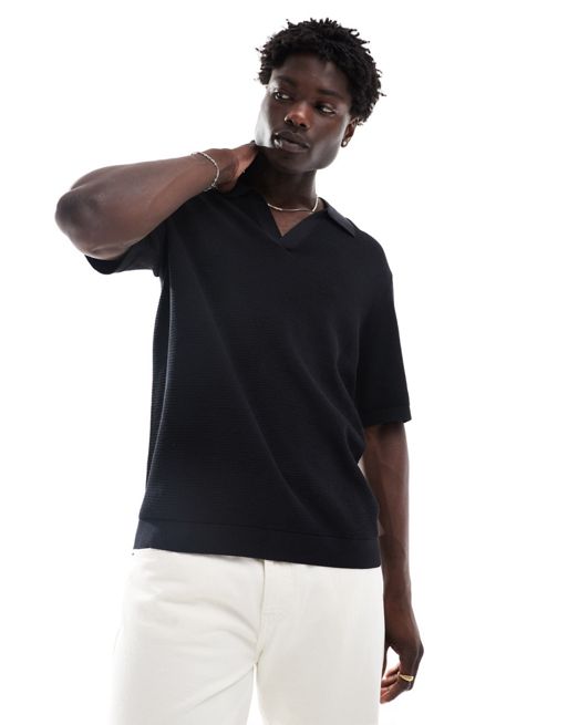 GANT - Strikket poloskjorte med åben krave i sort