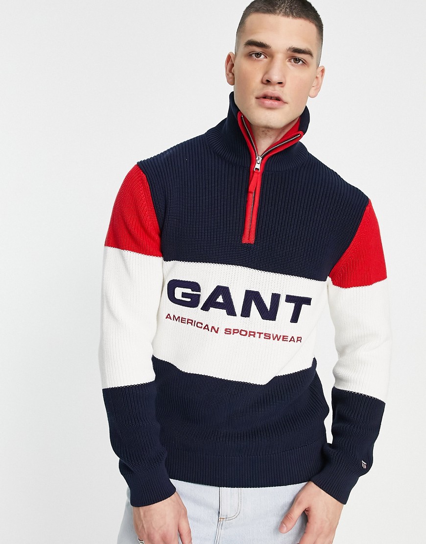 GANT stripe color block logo half zip knit sweater in marine blue-Blues